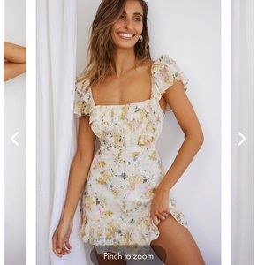 Selfie Leslie Lazy Sunday Frill Shoulder Tie-Up Back Dress Floral Print Beige